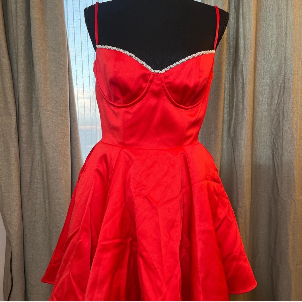 House of CB Red Satin Fit-and-Flare  Dress with Lace Trim